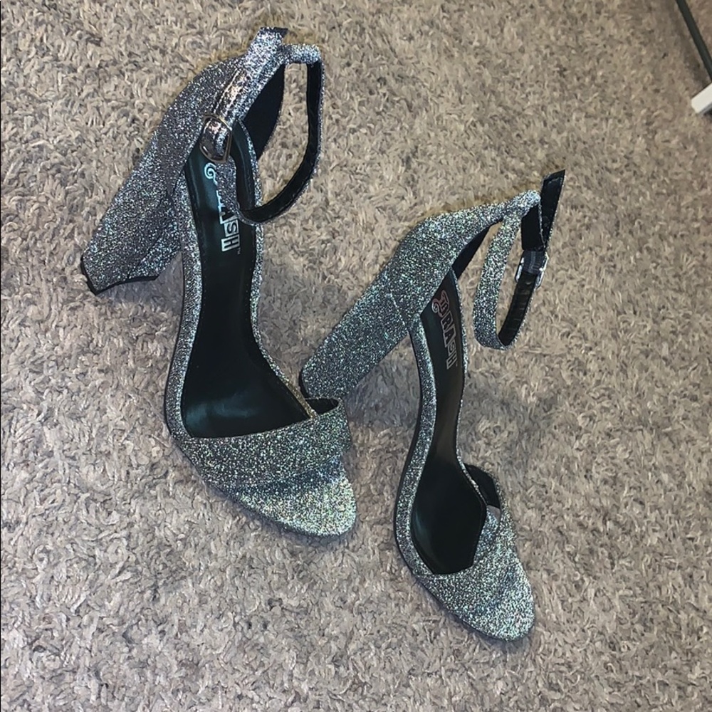 BRASH silver and black sparkle open toed heels